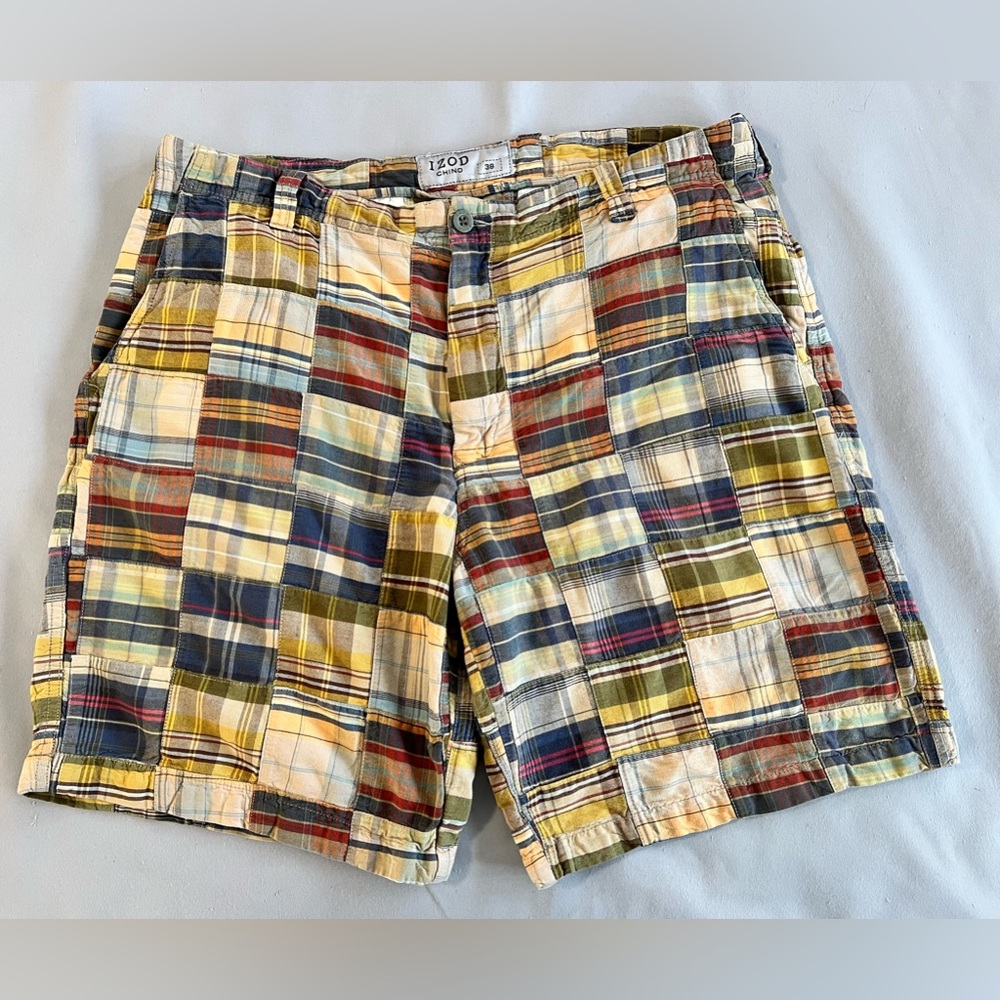 Vtg IZOD  Madras Patchwork Plaid Shorts Mens‎ Size 38 Chino Y2K Multicolor